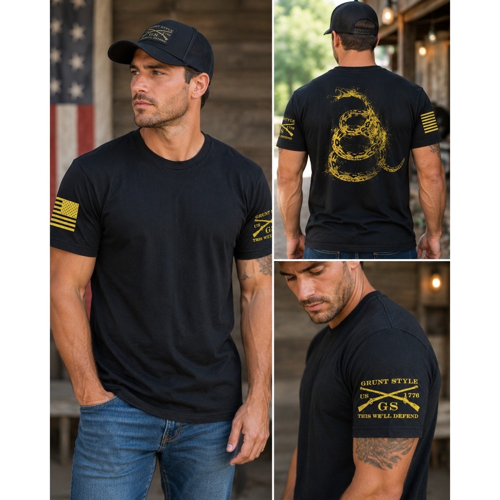 Grunt Style T Shirt Mens M Black Gadsden Snake Graphic American Flag Cotton Tee